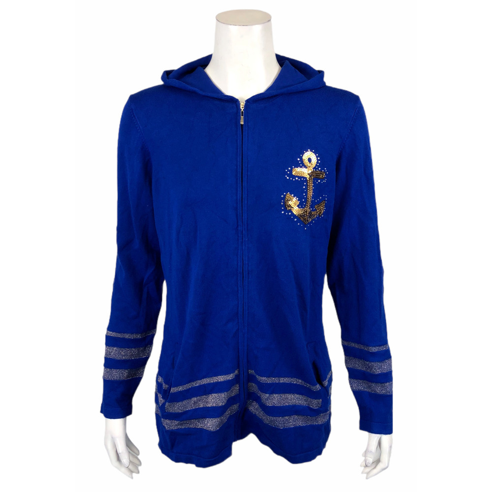 Quacker Factory Zip Front Embellished Knit Cardigan w/ Pocket Blue XX-Small Size